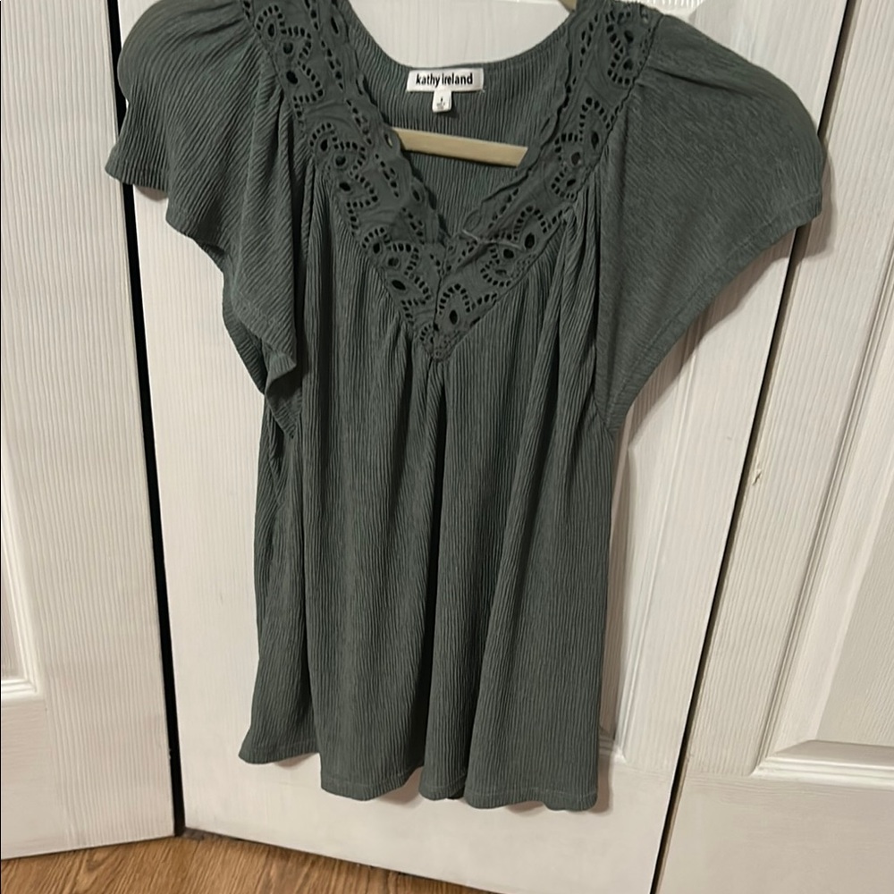 Kathy Ireland Green Embellished Ruffled Blouse